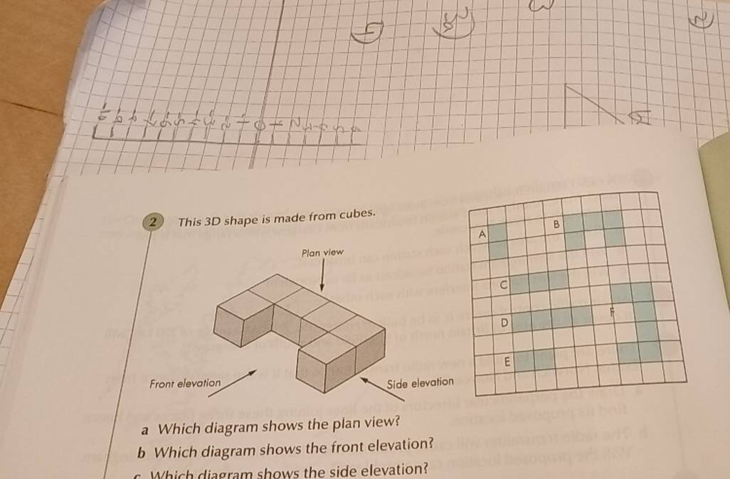 This 3D shape is made from cubes. 
Plan view 
Front elevation Side elevati 
a Which diagram shows the plan view? 
b Which diagram shows the front elevation? 
. Which diagram shows the side elevation?