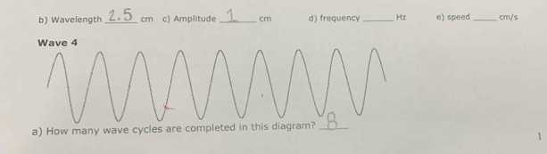 Wavelength _ cm c) Amplitude _ cm d) frequency _ Hz e) speed _ cm/s
a) How many wave cycles are completed in this diagram?_
1