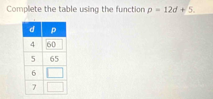 Complete the table using the function p=12d+5.