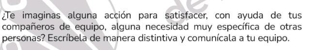 ¿Te imaginas alguna acción para satisfacer, con ayuda de tus 
compañeros de equipo, alguna necesidad muy específica de otras 
personas? Escríbela de manera distintiva y comunícala a tu equipo.