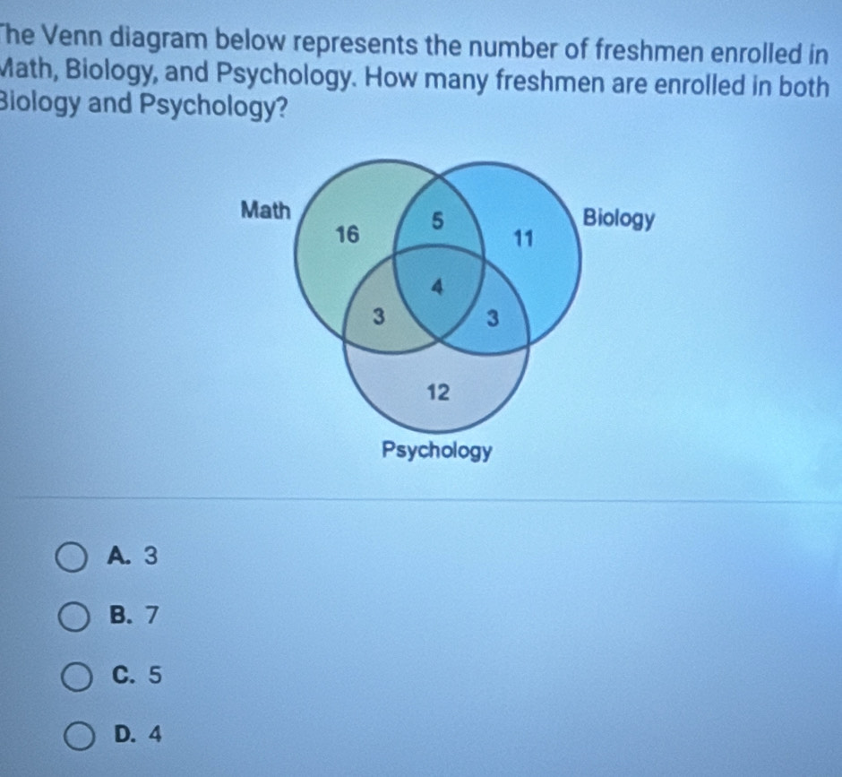 The Venn diagram below represents the number of freshmen enrolled in
Math, Biology, and Psychology. How many freshmen are enrolled in both
Biology and Psychology?
Math Biology
16 5
11
4
3 3
12
Psychology
A. 3
B. 7
C. 5
D. 4