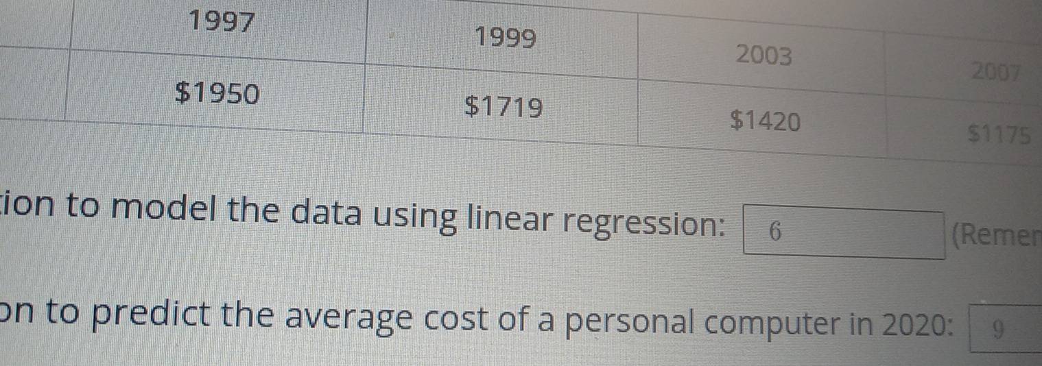 tion to model the data using linear regression: 6 (Remen 
on to predict the average cost of a personal computer in 2020: 9