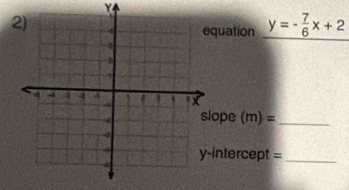 Y
quation y=- 7/6 x+2
ope (m)= _ 
intercept =_