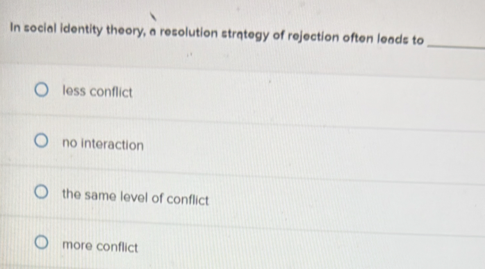 Solved: In social identity theory, a resolution strategy of rejection ...