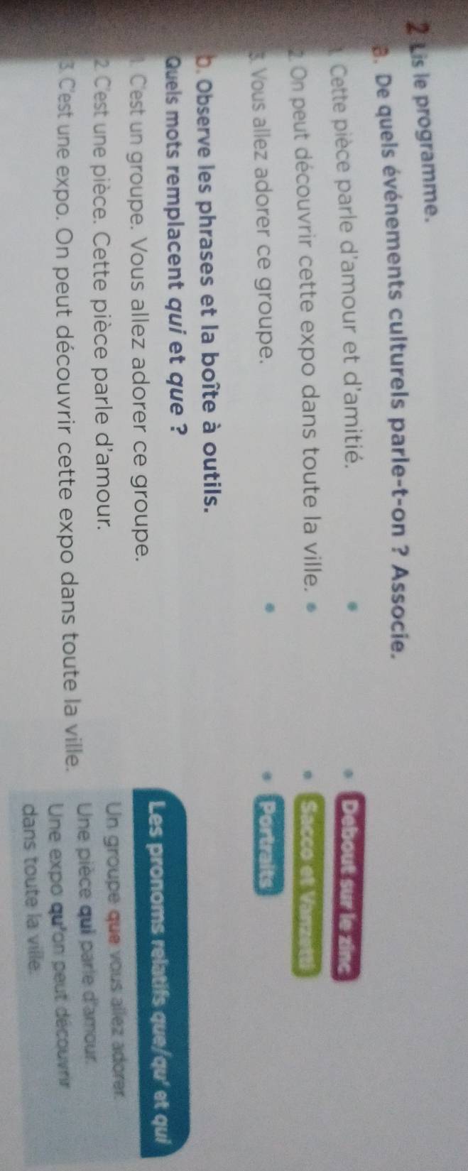 Lis le programme. 
â. De queis événements culturels parle-t-on ? Associe. 
Cette pièce parle d'amour et d'amitié. Debout sur le zinc 
2 On peut découvrir cette expo dans toute la ville. Sacco et Vanzetti 
Vous allez adorer ce groupe. Portraits 
b. Observe les phrases et la boîte à outils. 
Quels mots remplacent qui et que ? 
Les pronoms relatifs que/qu' et qui 
1. C'est un groupe. Vous allez adorer ce groupe. 
2 C'est une pièce. Cette pièce parle d'amour. Un groupe que vous allez adorer. 
3. C'est une expo. On peut découvrir cette expo dans toute la ville. Une pièce qui parle d'amour. 
Une expo qu'on peut découvrir 
dans toute la ville.