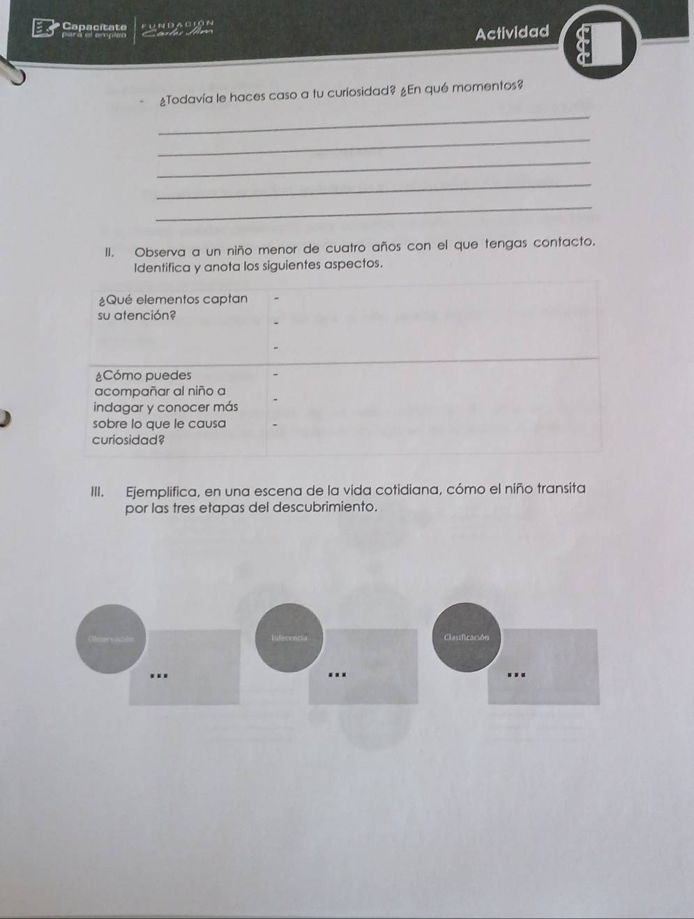 Capacitate Pundagión 
Ca l o d i m 
Actividad 
¿Todavía le haces caso a tu curiosidad? ¿En qué momentos? 
_ 
_ 
_ 
_ 
_ 
II. Observa a un niño menor de cuatro años con el que tengas contacto. 
Identifica y anota los siguientes aspectos. 
III. Ejemplifica, en una escena de la vida cotidiana, cómo el niño transita 
por las tres etapas del descubrimiento. 
Clasificación 
..«