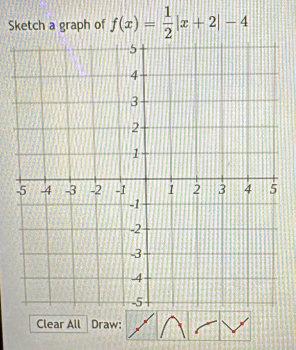 Sketch a graph of f(x)= 1/2 |x+2|-4
Clear All Draw: