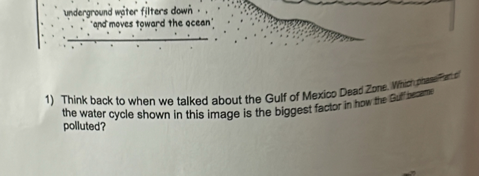 underground wäter filters down 
and moves toward the ocean' 
1) Think back to when we talked about the Gulf of Mexico Dead Zone. Which phase Pan o 
the water cycle shown in this image is the biggest factor in how the Guff became 
polluted?