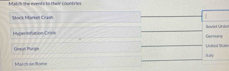 Match the events to their countries
Stock Market Crash
Soviet Unio
Hyperinflation Crisis Germany
Great Purge United State
Italy
March on Rome