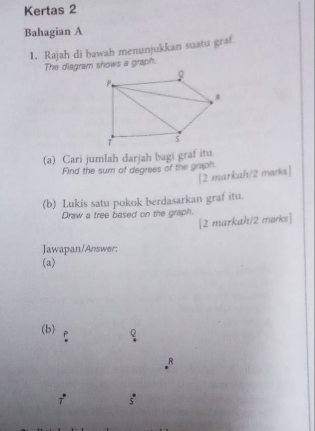 Kertas 2 
Bahagian A 
1. Rajah di bawah menunjukkan suatu graf. 
(a) Cari jumlah darjah bagi graf itu. 
Find the sum of degrees of the graph. 
[2 markah/2 marks] 
(b) Lukis satu pokok berdasarkan graf itu. 
Draw a tree based on the graph. 
[2 markah/2 marks] 
Jawapan/Answer: 
(a) 
(b) P
_ R
I