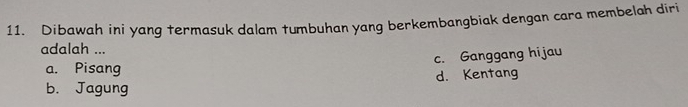 Dibawah ini yang termasuk dalam tumbuhan yang berkembangbiak dengan cara membelah diri
adalah ...
c. Ganggang hijau
a. Pisang
b. Jagung d. Kentang