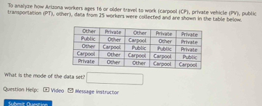 To analyze how Arizona workers ages 16 or older travel to work (carpool (CP), private vehicle (PV), public 
transportation (PT), other), data from 25 workers were collected and are shown in the table below. 
What is the mode of the data set? 
Question Help: + Video ∠ Message instructor 
Submit Question