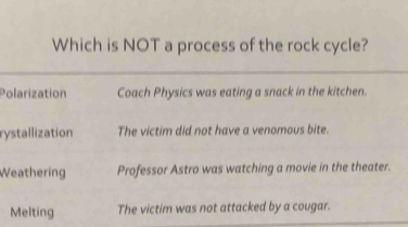 Which is NOT a process of the rock cycle?
Polarization Coach Physics was eating a snack in the kitchen.
rystallization The victim did not have a venomous bite.
Weathering Professor Astro was watching a movie in the theater.
Melting The victim was not attacked by a cougar.