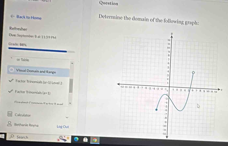 Question 
Back to Home 
Determine the domain of the following graph: 
Refresher 
Due: September 8 at 11:59 PM 
Grade: 88% 
or Table 
Visual Domain and Range 
Factor Trinomials (a* 1) Level 2 x
Factor Trinomials (a+1)
Gréatest Common Eartor (L eual 
5 Calculator 
Bethanie Reyna Log Out 
Search