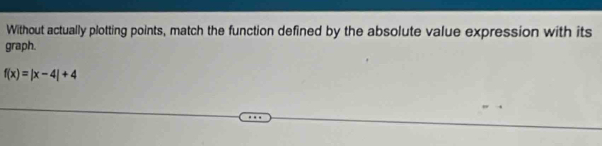 Without actually plotting points, match the function defined by the absolute value expression with its 
graph.
f(x)=|x-4|+4