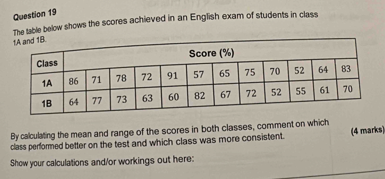 The table below shows the scores achieved in an English exam of students in class 
By calculating the mean and range of the scores in both classes, comment on which 
(4 marks) 
class performed better on the test and which class was more consistent. 
Show your calculations and/or workings out here: