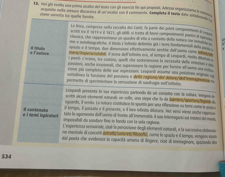 Hai già svolto una prima analisi del testo con gli esercizi fin qui proposti. Adesso organizziamo le conoscen
acquisite nella stesura discorsiva di un'analisi con il commento. Completa il testo dato sottolineando lo
zione corretta tra quelle fornite.
La lirica, compresa nella raccolta dei Conti, fa parte dei primi componimenti di Leopard
scritti tra il 1819 e il 1821, gli Idilli: si tratta di brevi componimenti poetici di ispirazion La
classica, che rappresentano un quadro di vita a contatto della natura con tematiche int i 
me e autobiografiche. Il titolo L'infinito delimita già i temi fondamentali della poesia: l e
Il titolo spazio e il tempo, due dimensioni effettivamente sentite dall’uomo come infinite/e
e l’autore mere/imperscrutabili. Il tema dell'infinito era, al tempo di Leopardi, molto dibattuto th
i poeti: c'erano, tra costoro, quelli che sostenevano la necessità delle emozioni e del
passioni, anche irrazionali, che superassero la ragione per fornire all’uomo una realizi
zione più completa delle sue aspirazioni. Leopardi assume una posizione originale: e
sottolinea la funzione del pensiero e dello rogione/del dolore/dell'immoginozione che
permette di sperimentare la sensazione di naufragio nell’infinito.
Leopardi presenta la sua esperienza partendo da un contatto con la natura. Vengono de-
scritti alcuni elementi naturali: un colle, una siepe che fa da borriero/operturo/legame allo
sguardo, il vento. La natura costituisce lo spunto per una riflessione su temi come lo spazio e
Il contenuto il tempo, il passato e il presente, e il loro infinito dilatarsi. Nei versi viene anche rappresen-
e i temi ispiratori tato lo sgomento dell’uomo di fronte all’immensità: il suo interrogarsi sui misteri del mondo,
impossibili da sondare fino in fondo con la sola ragione.
L'esperienza sensoriale, cioè la percezione degli elementi naturali, e la successiva elaborazio-
ne mentale di concetti σstratti/concreti/filosofici, come lo spazio e il tempo, vengono vissute
dal poeta che evidenzia la capacità umana di fingere, cioè di immaginare, spaziando oltre
534