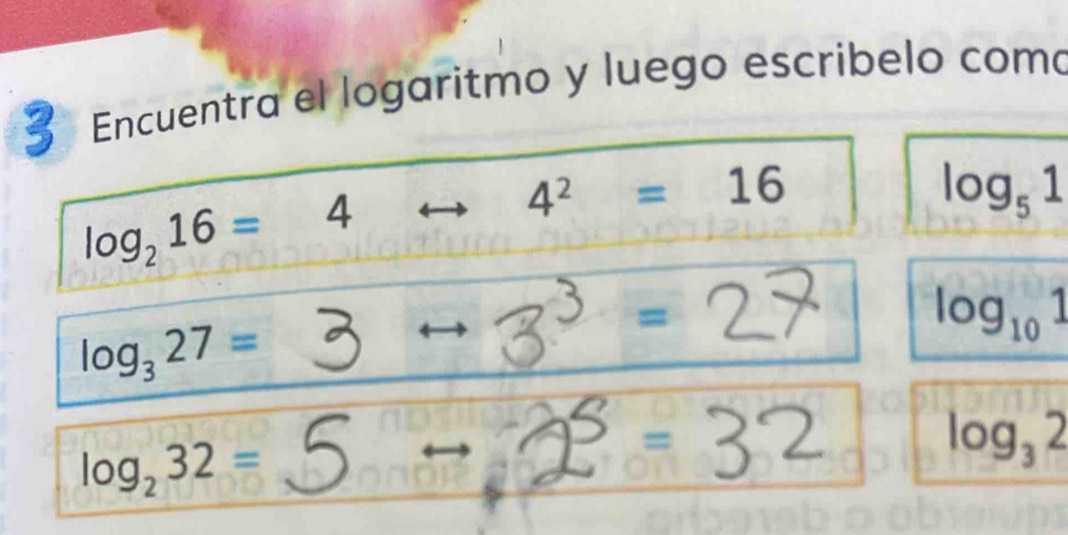 Encuentra el logaritmo y luego escribelo como
log _216=4rightarrow 4^2=16
log _51
log _101
log _327=
log _232=
log _32