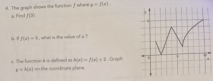 The graph shows the function f where y=f(x). 
a. Find f(3). 
b. If f(x)=5 , what is the value of x ? 
c. The function h is defined as h(x)=f(x)+2 , Graph
y=h(x) on the coordinate plane.