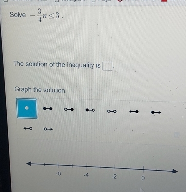 Solve - 3/4 n≤ 3. 
The solution of the inequality is □ . 
Graph the solution. 
. 
。 。