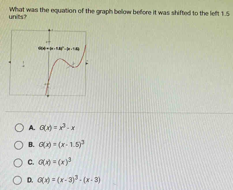 What was the equation of the graph below before it was shifted to the left 1.5
units?
A. G(x)=x^3-x
B. G(x)=(x-1.5)^3
C. G(x)=(x)^3
D. G(x)=(x-3)^3-(x-3)