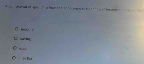 A withdrawal of spending from the economy's circular flow of income and expenditur
income
saving
loss
injection