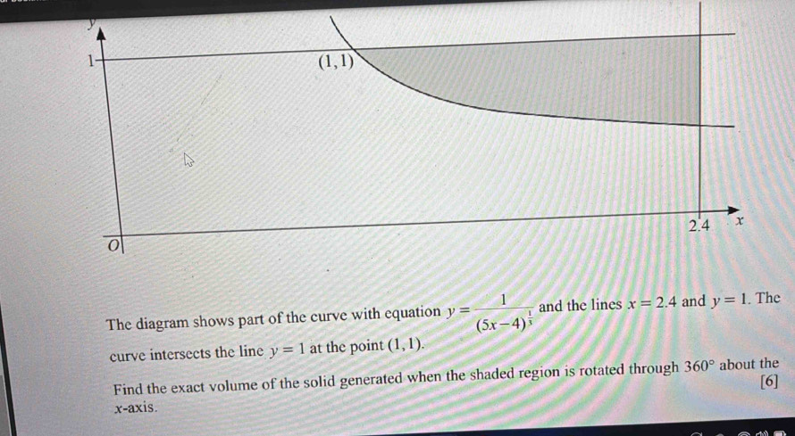 The diagram shows part of the curve with equation y=frac 1(5x-4)^ 1/3  and the lines x=2.4 and y=1. The
curve intersects the line y=1 at the point (1,1).
Find the exact volume of the solid generated when the shaded region is rotated through 360° about the [6]
x-axis.