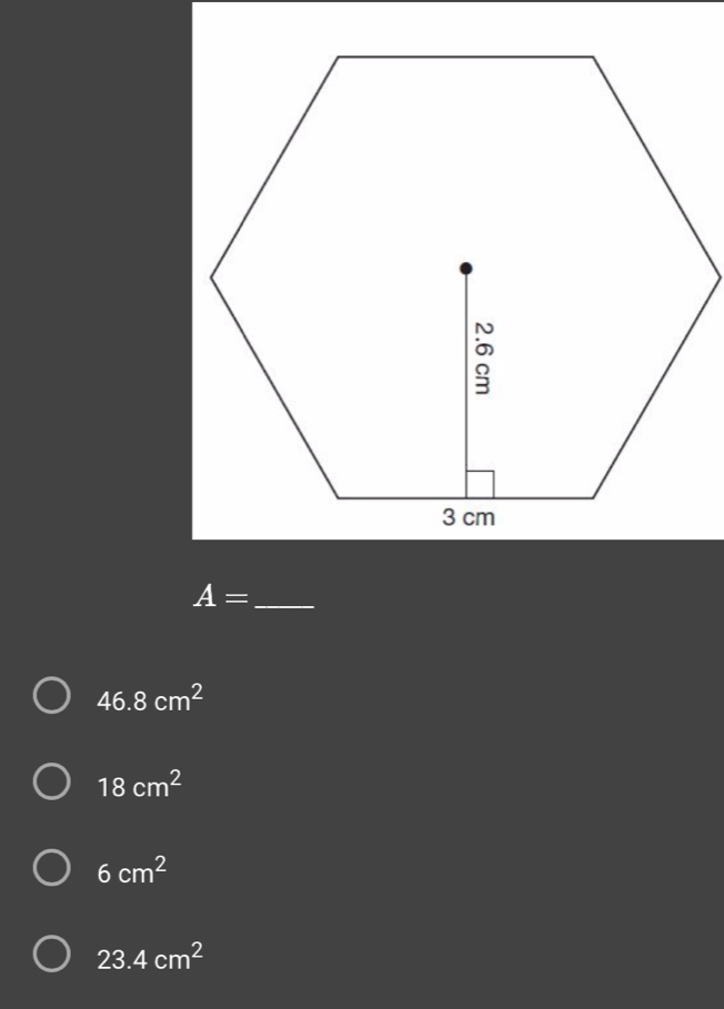 A=
46.8cm^2
18cm^2
6cm^2
23.4cm^2