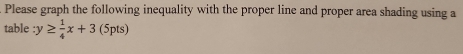Please graph the following inequality with the proper line and proper area shading using a 
table :y≥  1/4 x+3(5pts)