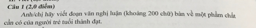 (2,0 điểm) 
Anh/chị hãy viết đoạn văn nghị luận (khoảng 200 chữ) bàn về một phẩm chất 
cần có của người trẻ tuổi thành đạt.