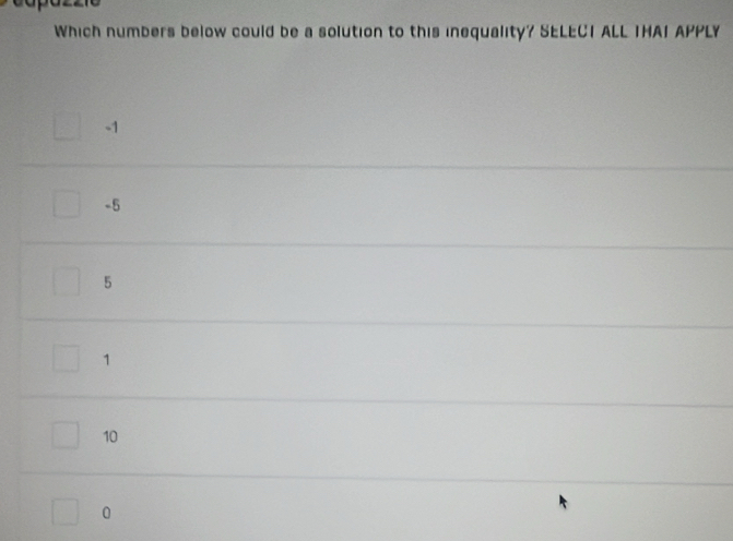 Which numbers below could be a solution to this inequality? SELECI ALL THAI APPLY
-1
-5
5
1
10
0