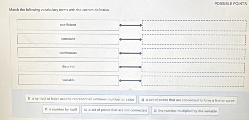 POSSIBLE POINTS:
Match the following vocabulary terms with the correct definition.
coefficient
constant
continuous
discrete
variable
# a symbol or letter used to represent an unknown number or value :: a set of points that are connected to form a line or curve
# a number by itself :: a set of points that are not connected # the number multiplied by the variable