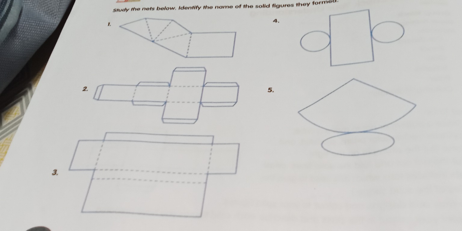 Study the nets below. Identify the name of the solid figures they formed. 
1. 
4. 
2. 
5. 
3