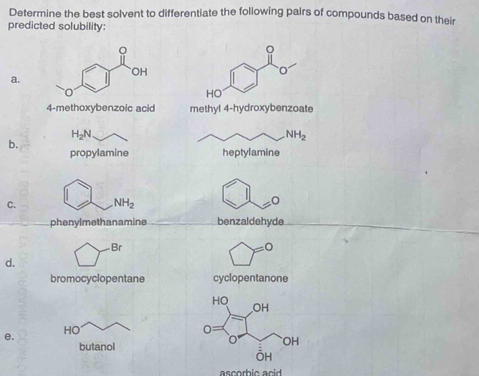 Determine the best solvent to differentiate the following pairs of compounds based on their
predicted solubility:
a.
4-methoxybenzoic acid methyl 4-hydroxybenzoate
H_2N
b.
propylamine
C.
C
phenylmethanamine benzaldehyde
Br
=0
d.
bromocyclopentane cyclopentanone
e.
ascorbic acid