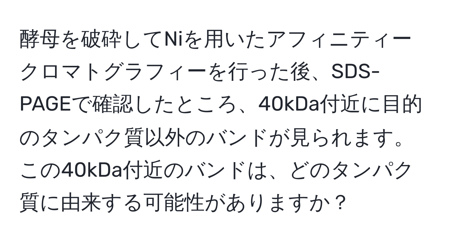 酵母を破砕してNiを用いたアフィニティークロマトグラフィーを行った後、SDS-PAGEで確認したところ、40kDa付近に目的のタンパク質以外のバンドが見られます。この40kDa付近のバンドは、どのタンパク質に由来する可能性がありますか？