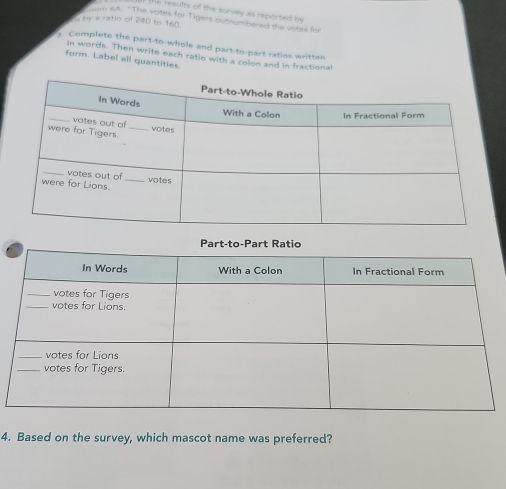 the results of the survey as reporsed by 
am 6A: 'The votes for Tigers outnumbered the votes for 
hy a ratis of 240 to 160
Complete the part-to-whole and part-to-part ratios written 
in words. Then write each ratio with a colon and in fractional 
form. Label all quantities. 
Part-to-ParRatio 
4. Based on the survey, which mascot name was preferred?