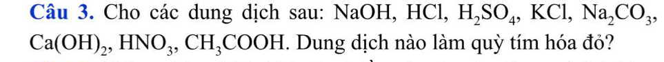 Cho các dung dịch sau: NaOH, HCl, H_2SO_4, KCl, Na_2CO_3,
Ca(OH)_2, HNO_3, CH_3COOH. Dung dịch nào làm quỳ tím hóa đỏ?