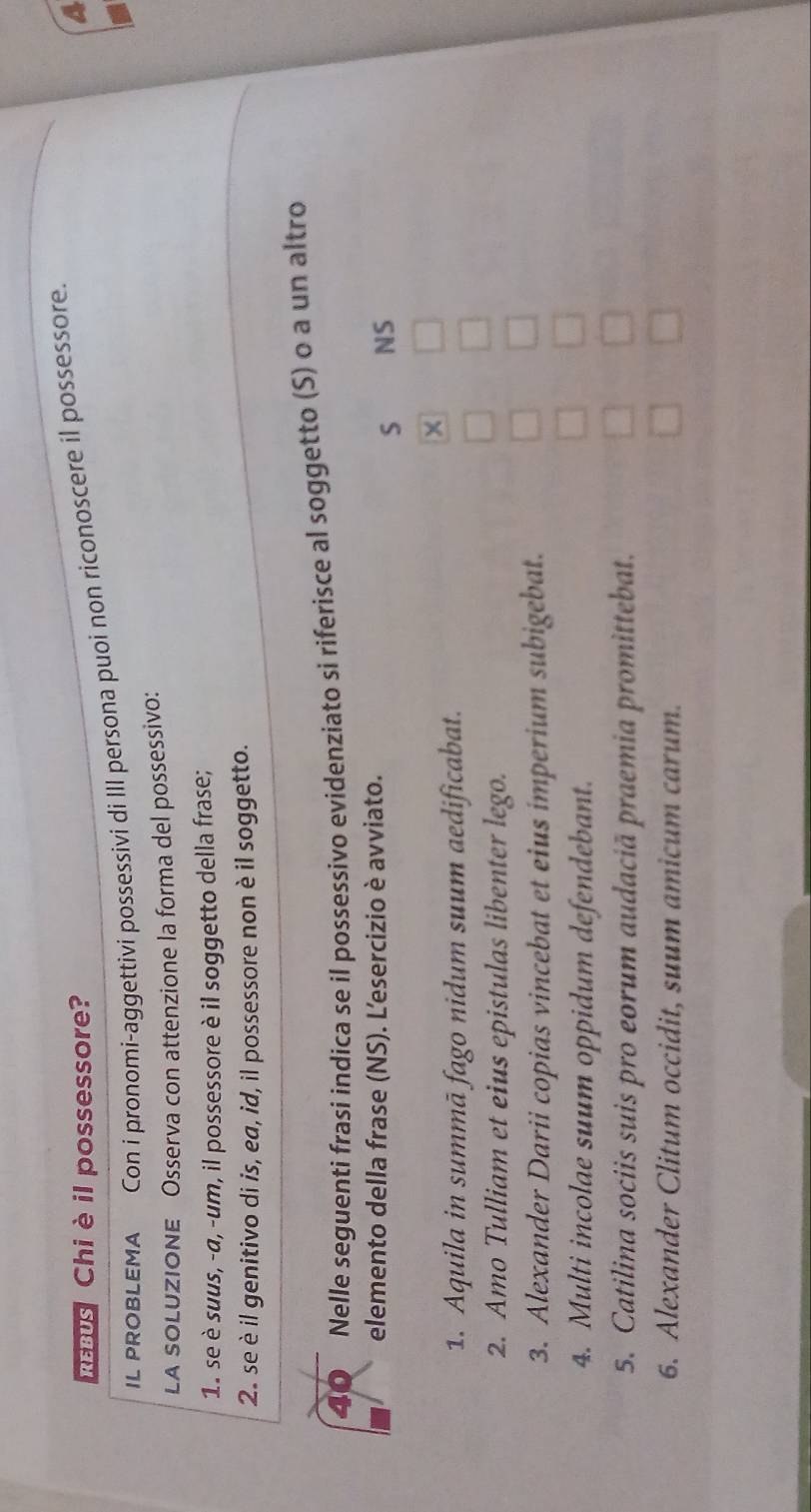 us Chi è il possessore? 
IL PROBLEMA Con i pronomi-aggettivi possessivi di III persona puoi non riconoscere il possessore. 
LA soLuZiONE Osserva con attenzione la forma del possessivo: 
1. se è suus, -α, -um, il possessore è il soggetto della frase; 
2. se è il genitivo di is, ea, id, il possessore non è il soggetto. 
Nelle seguenti frasi indica se il possessivo evidenziato si riferisce al soggetto (S) o a un altro 
elemento della frase (NS). L'esercizio è avviato. 
S NS 
1. Aquila in summā fago nidum suum aedificabat. 
2. Amo Tulliam et eius epistulas libenter lego. 
3. Alexander Darii copias vincebat et eius imperium subigebat. 
4. Multi incolae suum oppidum defendebant. 
5. Catilina sociis suis pro eorum audaciã praemia promittebat. 
6. Alexander Clitum occidit, suum amicum carum.