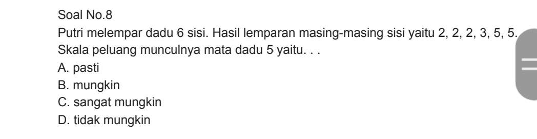 Soal No.8
Putri melempar dadu 6 sisi. Hasil lemparan masing-masing sisi yaitu 2, 2, 2, 3, 5, 5.
Skala peluang munculnya mata dadu 5 yaitu. . .
A. pasti
B. mungkin
C. sangat mungkin
D. tidak mungkin