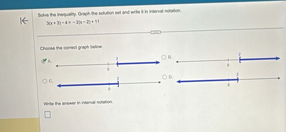 Solve the inequality. Graph the solution set and write it in interval notation.
3(x+3)-4>-2(x-2)+11
Choose the correct graph below. 
Write the answer in interval notation.