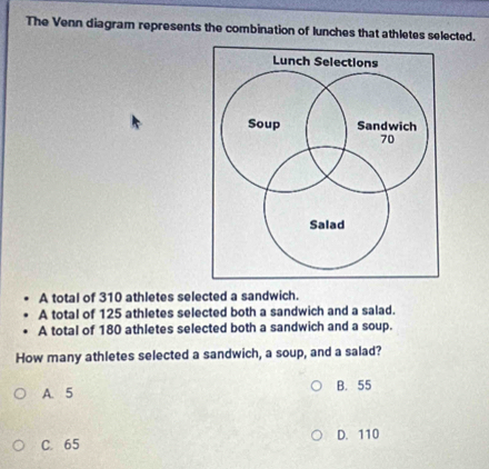 Solved: The Venn diagram represents the combination of lunches that ...