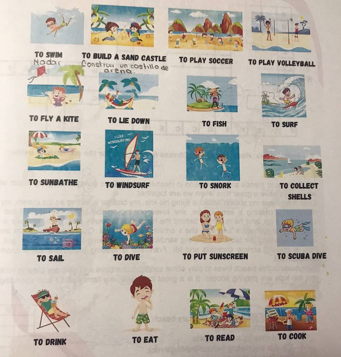 TO SWIM TO BUILD A SAND CASTLE TO PLAY SOCCER TO PLAY VOLLEYBALL 
Nadar Constrüm tón castillo de 
arena 
TO FLY A KITE TO LIE DOWN 
TO FISH TO SURF 
I LIKE 
WINDSURFING 
TO SUNBATHE TO WINDSURF TO COLLECT 
TO SNORK 
SHELLS 
TO SAIL TO DIVE TO PUT SUNSCREEN TO SCUBA DIVE 
TO DRINK TO EAT TO READ TO COOK