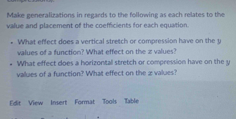 Make generalizations in regards to the following as each relates to the 
value and placement of the coefficients for each equation. 
What effect does a vertical stretch or compression have on the y
values of a function? What effect on the æ values? 
What effect does a horizontal stretch or compression have on the y
values of a function? What effect on the x values? 
Edit View Insert Format Tools Table