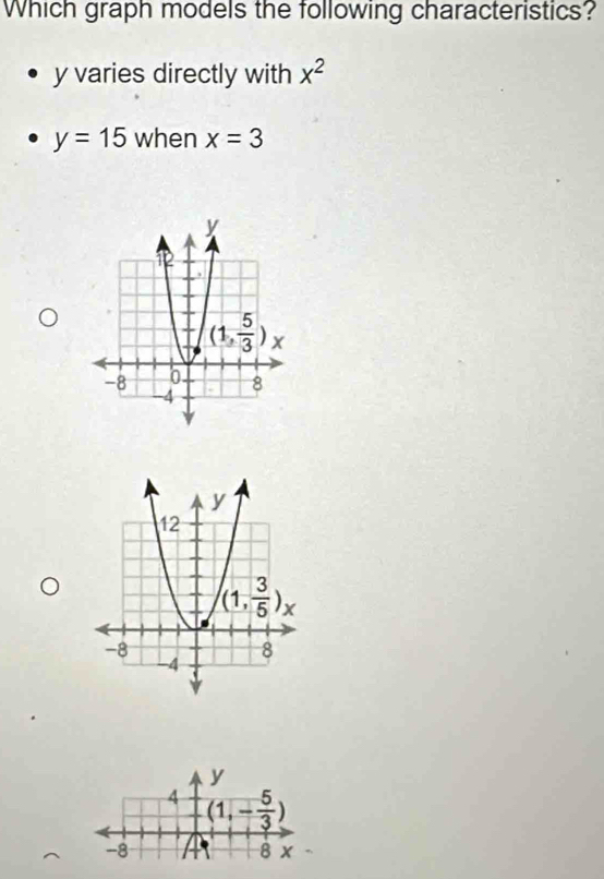 Which graph models the following characteristics?
y varies directly with x^2
y=15 when x=3
y
4 (1,- 5/3 )
-8
8 x