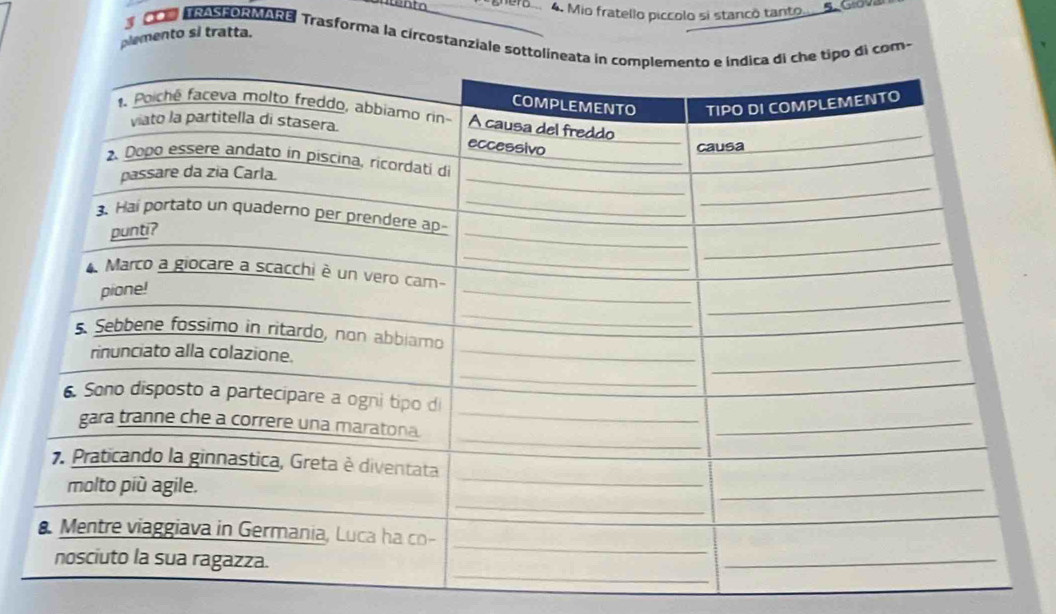 to
4. Mio fratello piccolo si stancó tanto.... . Giova
N TRASFORMARE Trasforma la circostanziale sottolipo di com-
plemento si tratta.