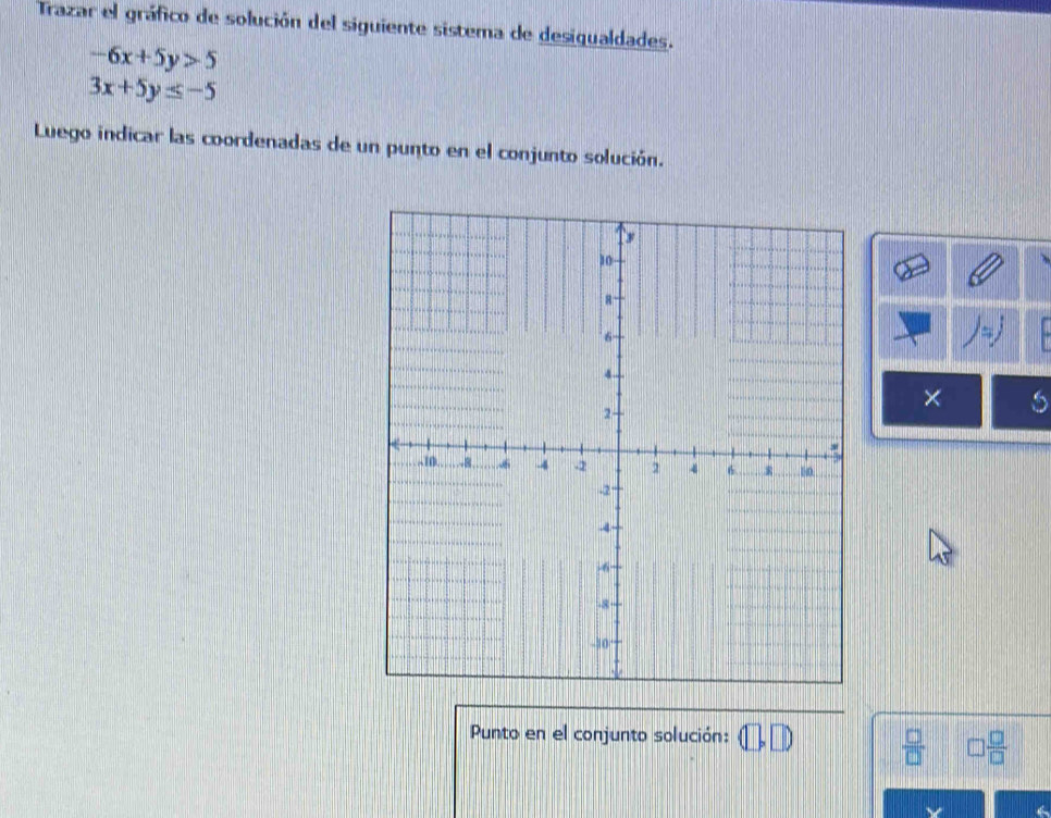 Trazar el gráfico de solución del siguiente sistema de desiqualdades.
-6x+5y>5
3x+5y≤ -5
Luego indicar las coordenadas de un punto en el conjunto solución. 
× 5
Punto en el conjunto solución:
 □ /□   □  □ /□  