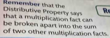 Remember that the 
Distributive Property says 
that a multiplication fact can 
be broken apart into the sum 
of two other multiplication facts.