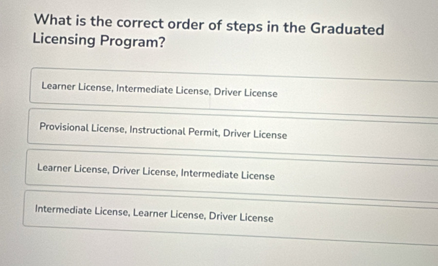 Solved: What is the correct order of steps in the Graduated Licensing ...
