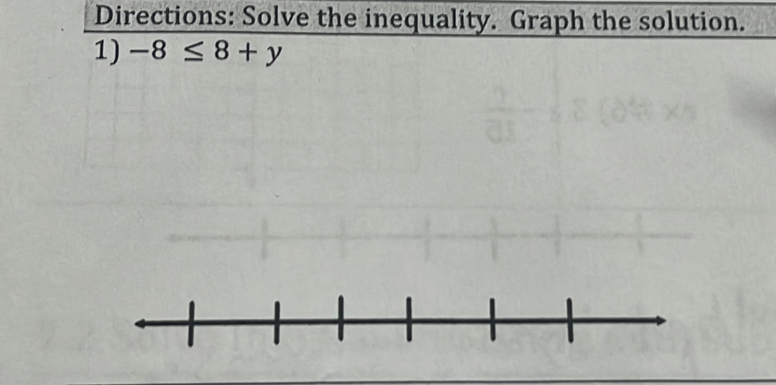 Directions: Solve the inequality. Graph the solution. 
1) -8≤ 8+y