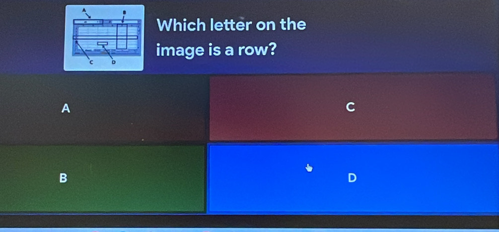 Which letter on the
image is a row?
A
B
D